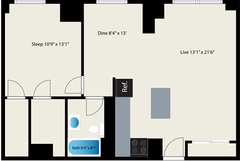 Floor plan for 1 bed, 1 bath, 851 sqft